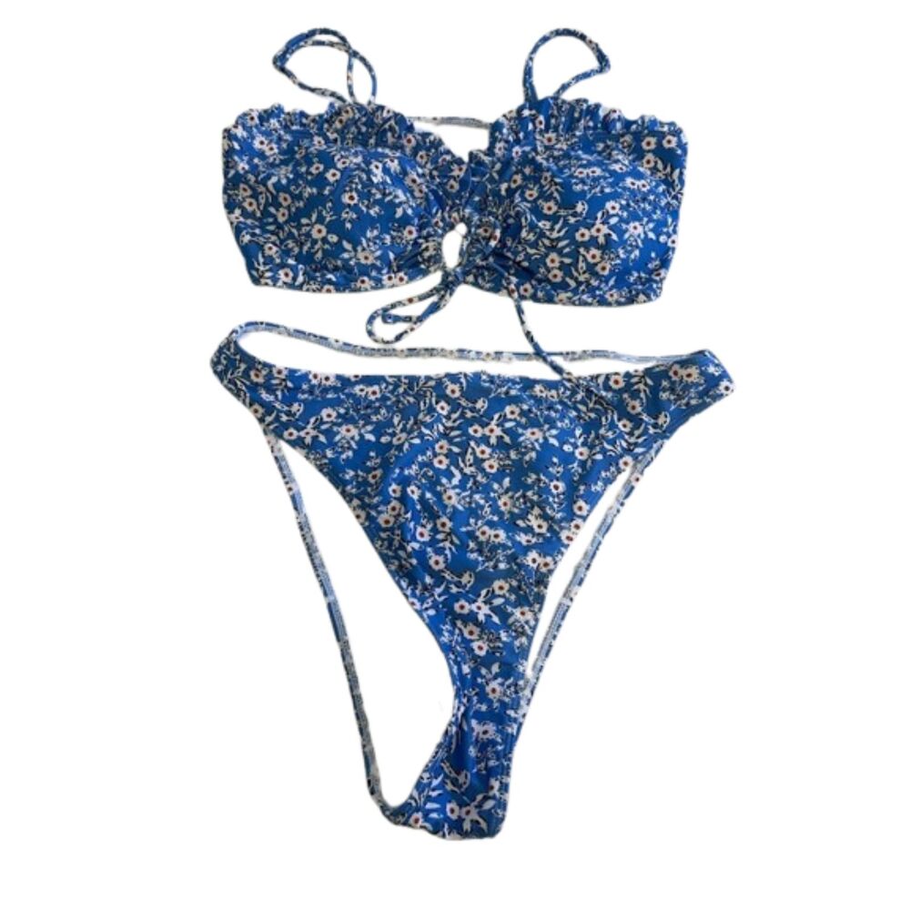 SHEIN Swim Summer Beach Ditsy Floral Print Tie Front Bikini 1XL Swim High Rise